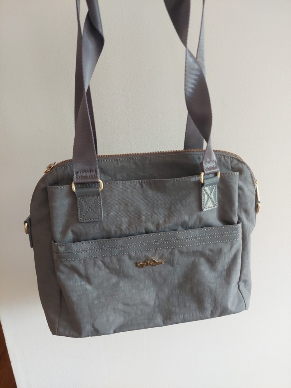 Kipling Dolan Nylon Patent Leather Shoulder Bag Beige Taupe Brown Gold Euc